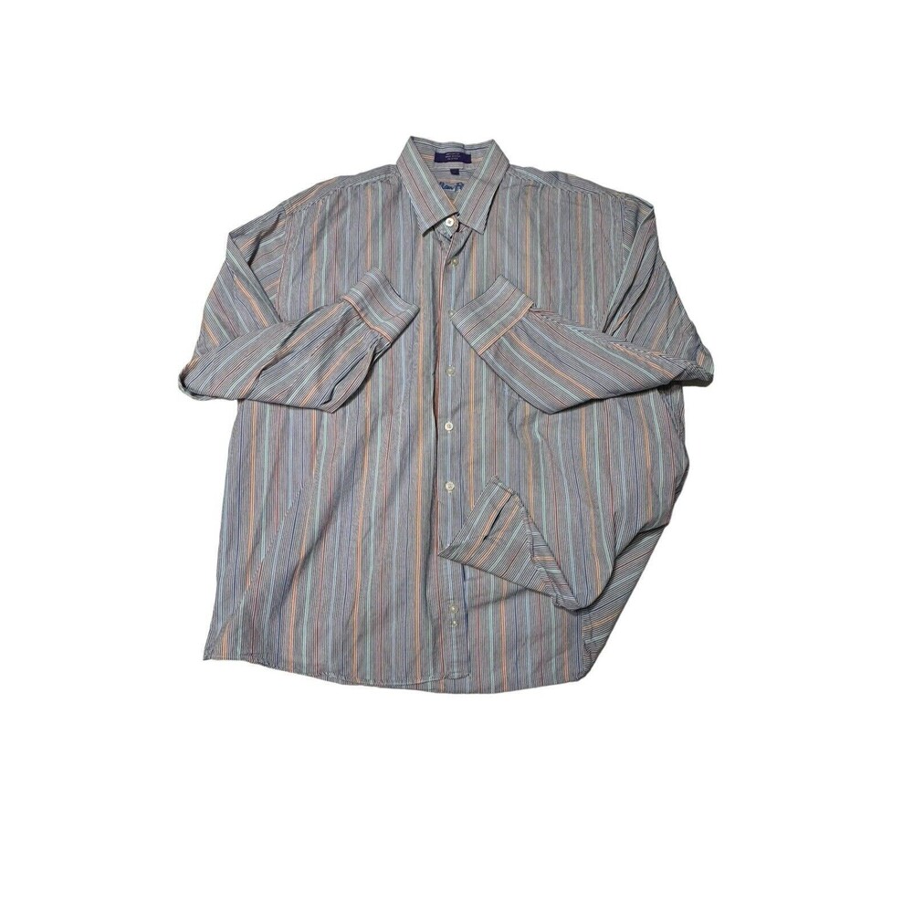 Alan Flusser Shirt Mens XL Multicolor Rainbow Striped Long Sleeve‎ Button Cotton